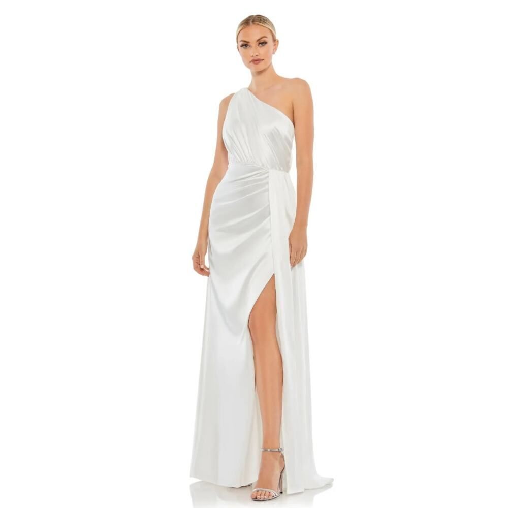 Ieena for Mac Duggal Gathered One Shoulder Satin Faux Wrap Gown - Size 6 - NWT